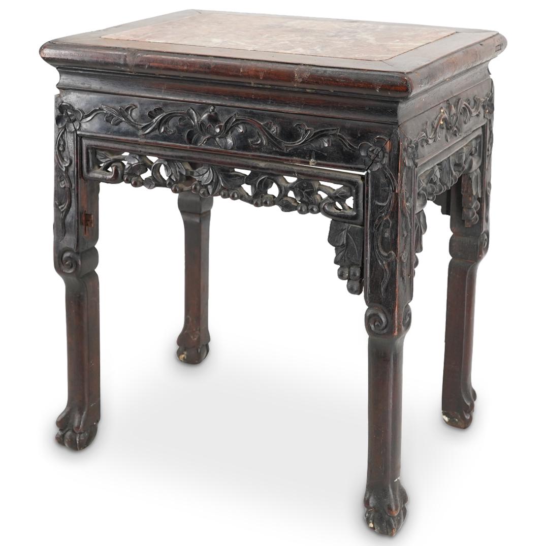 Chinese Carved Wood Marble Top Side Table (1 of 7)