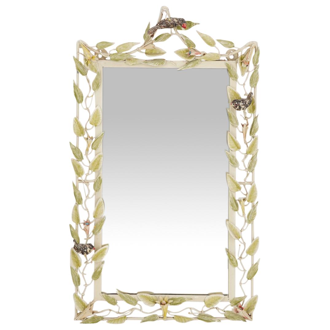 Mid-Century French Enameled Floral & Birds Metal Mirror (1 of 6)