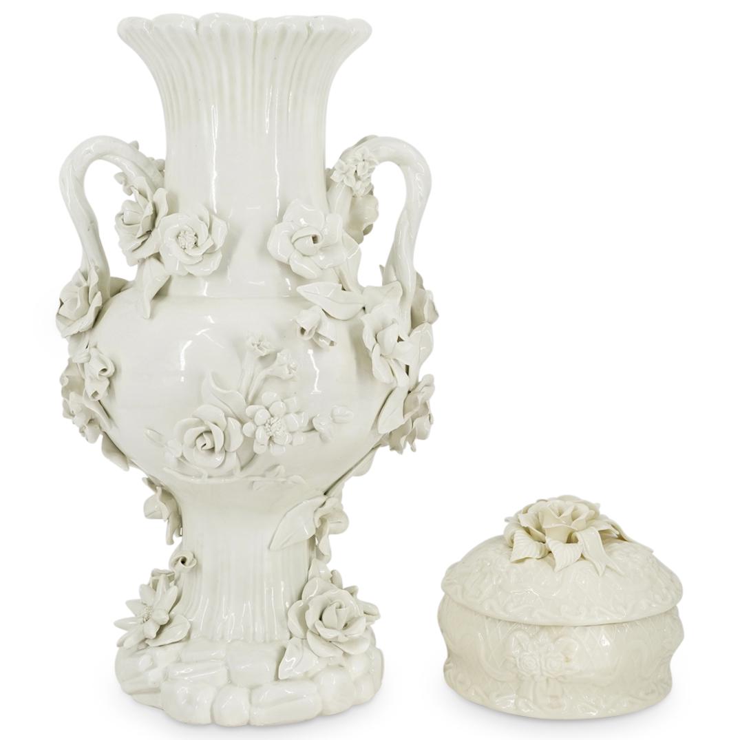 (2 Pc) Glazed Porcelain Large Vase & Lidded Box Set (1 of 12)