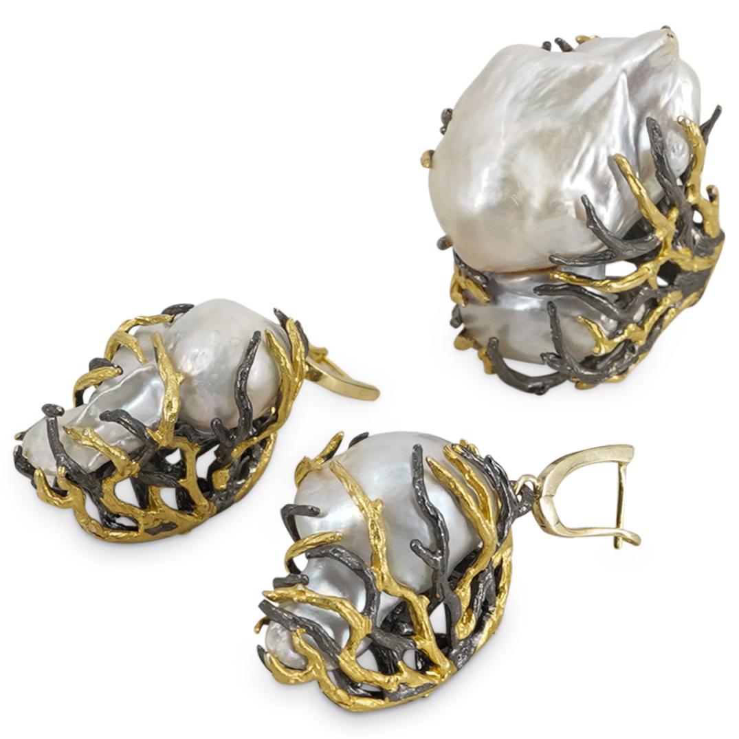 (3 Pcs) Sterling Silver Baroque Pearl Parure Jewelry Set (1 of 3)