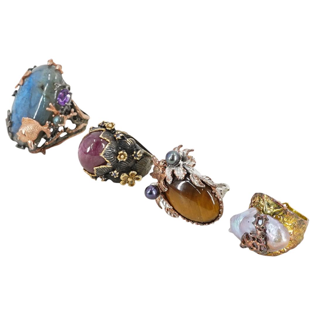 (4 Pc) Sterling Silver & Gemstone Maxi Rings Set (1 of 5)