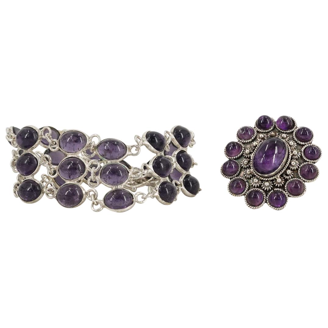 (2 Pc) Sterling Silver & Amethyst Ring/Bracelet Jewelry Set (1 of 5)