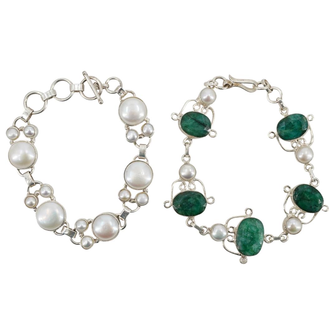 (2 Pc) Sterling Silver, Pearl & Gemstone Bracelets (1 of 4)
