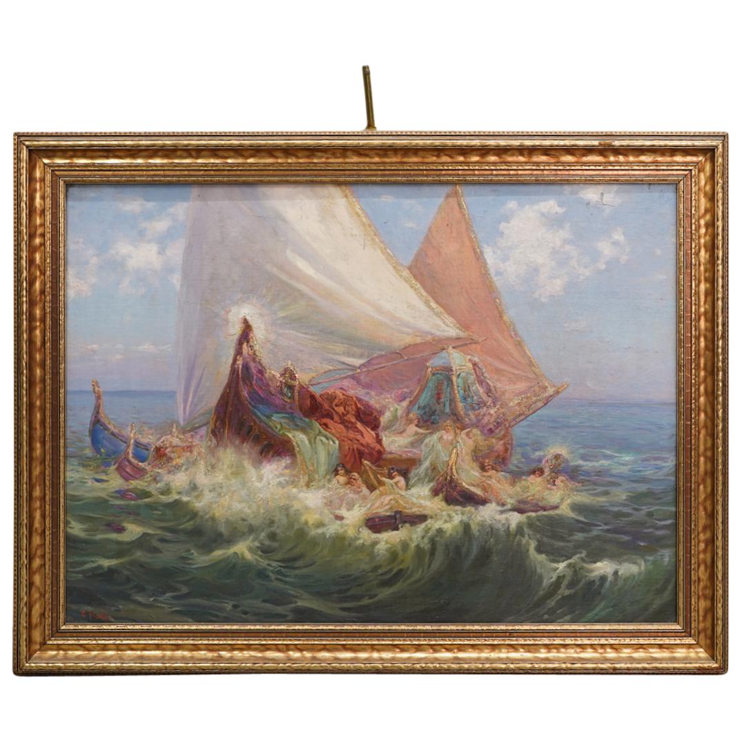Carl Muller (Austrian, 1862-1938) Siren Sailboat Oil Painting on Board (1 of 6)