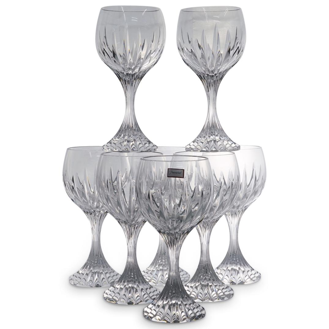 (8 Pc) Baccarat Crystal "Massena" Claret Wine Glasses: DESCRIPTION: (8 Pc) A French Baccarat crystal stemware set, including eight (8) footed claret wine glasses in the "Massena" pattern. Marked with the "Baccarat" engraved hallmark. CIRCA: 20th Century O