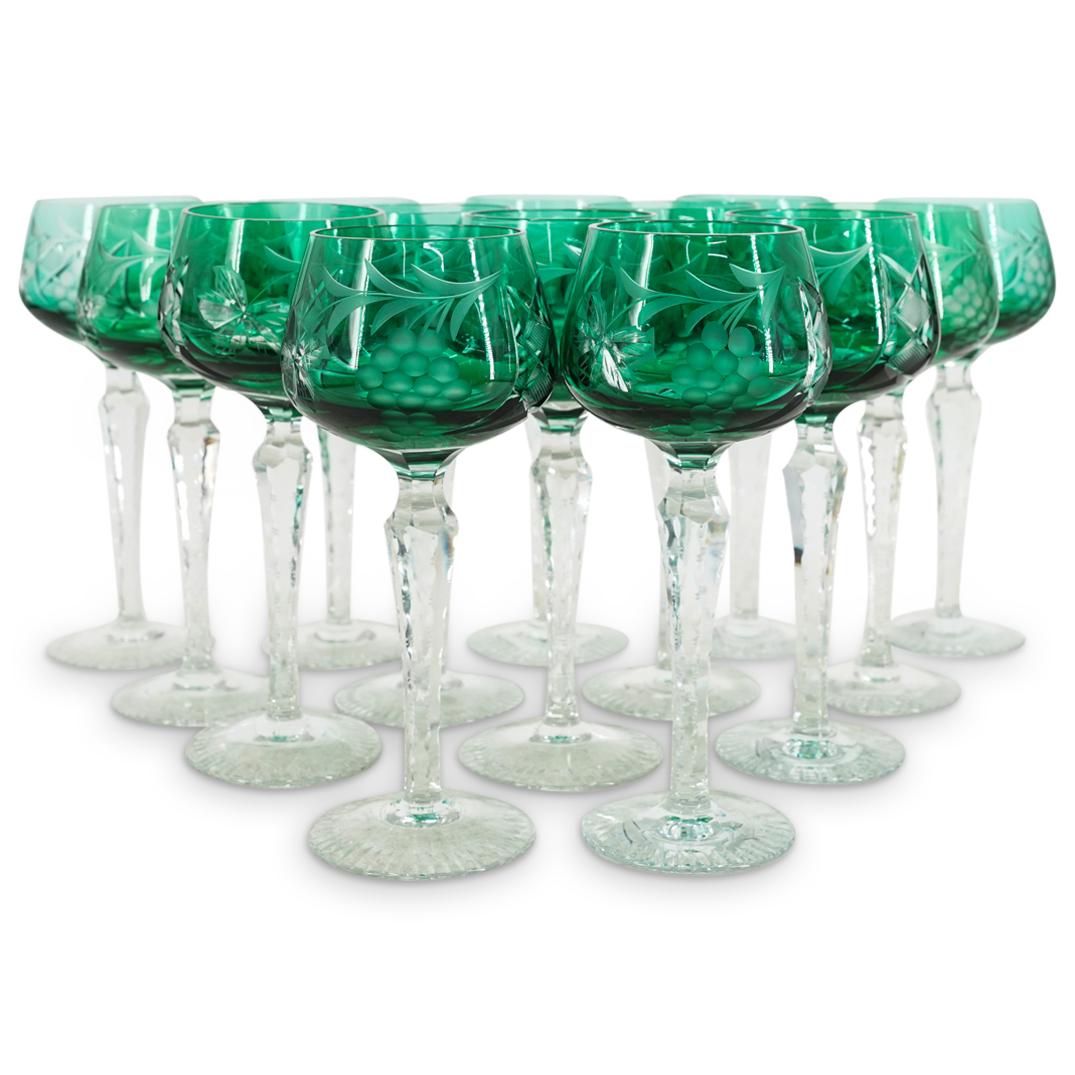 (14 Pc) Bohemian Green Cut Glass Goblets (1 of 6)