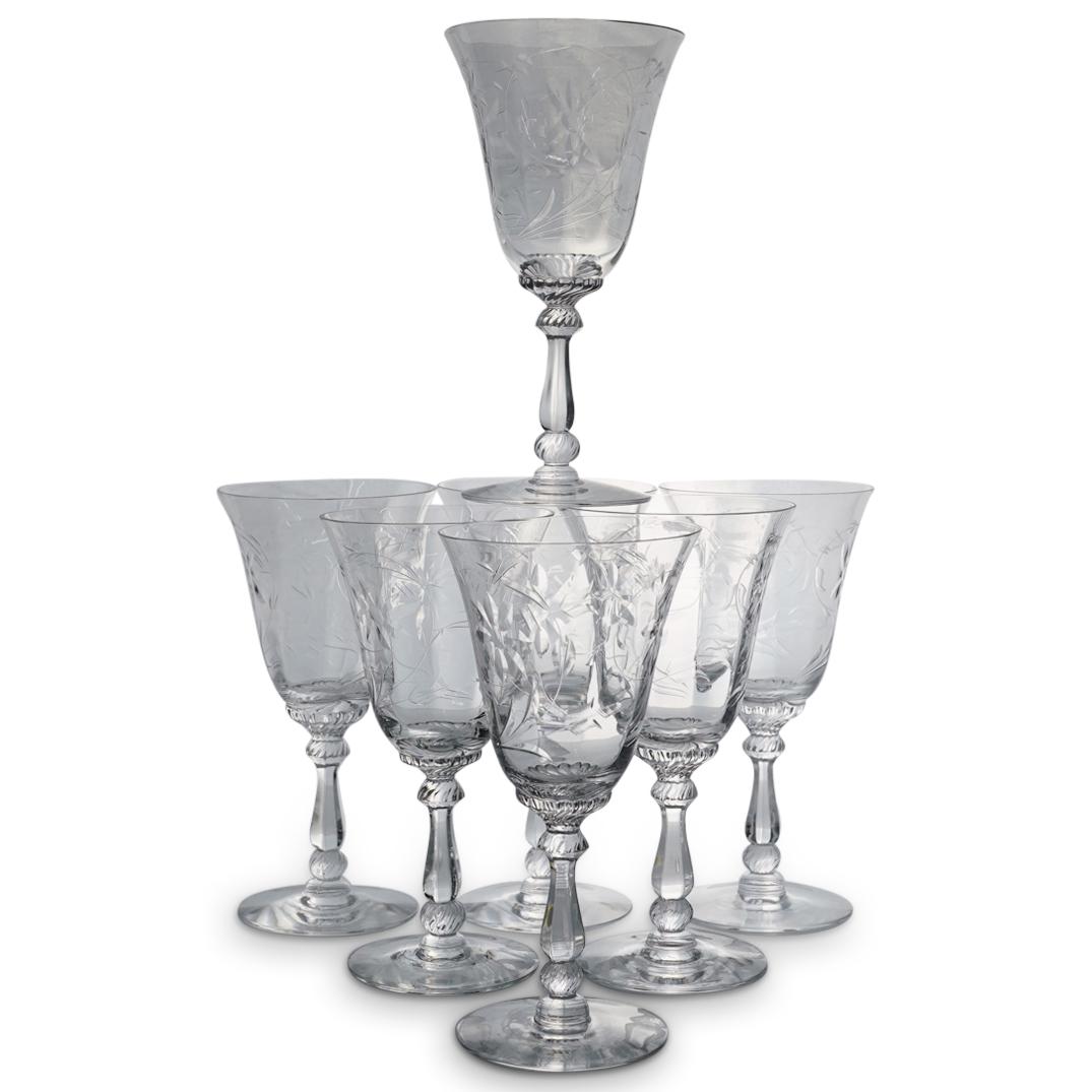 (7 Pc) Heisey "James Town" W/ Etched Motif Stemware Set: DESCRIPTION: (7 Pc) A Heisey crystal glass stemware set including seven (7) wine goblets, in the "Jamestown" pattern further embellished with etched and cut decorative pattern motifs. CIRCA: 20th Cent