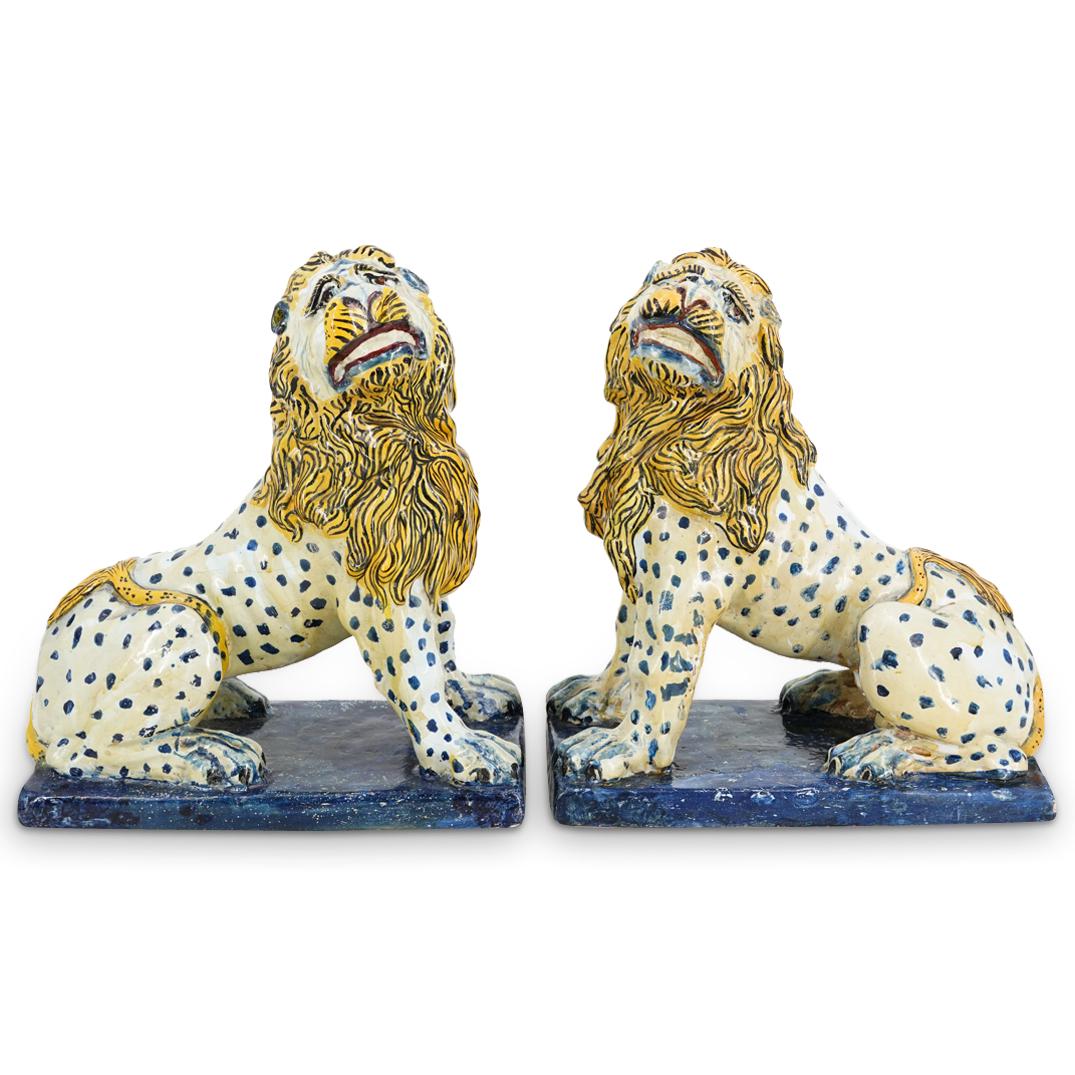 (2Pc) Antique Pair of Faience de Rouen Lion Sculptures (1 of 7)
