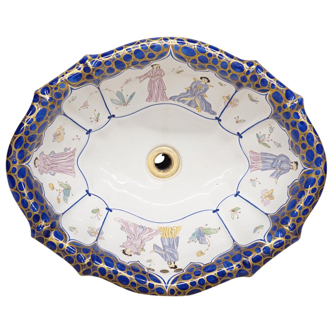 Sherle Wagner Chinoiserie Painted Sink: DESCRIPTION: Sherle Wagner Chinoiserie enamel painted sink with cobalt blue design, scalloped rim and gilt accenting. Marked: "Sherle Wagner Italy" (Bay 2) CIRCA: 20th Century ORIGIN: Italy DIMENSIONS