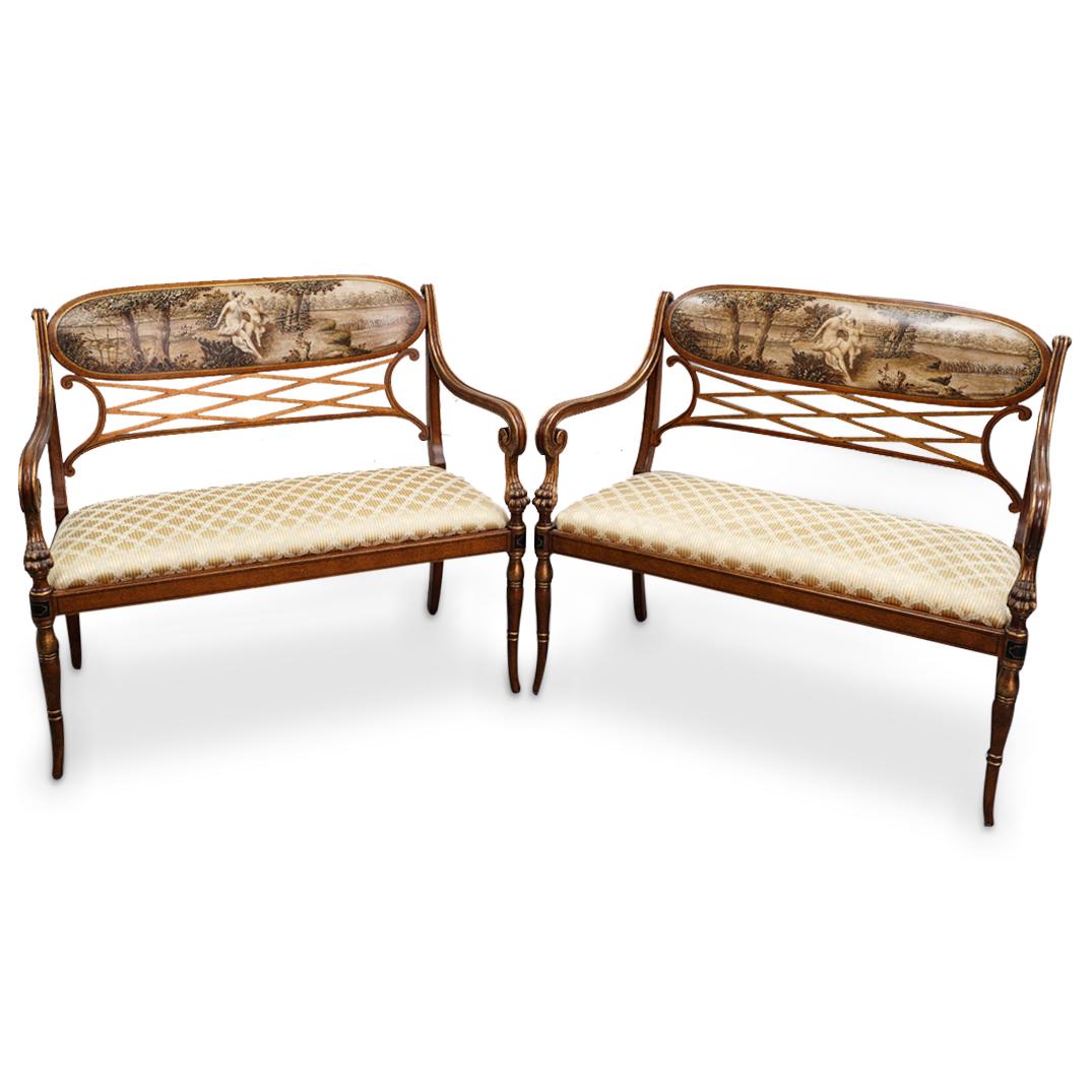 (2Pc) Pair of Galimberti Lino Lacquered Wood Benches: DESCRIPTION: (2Pc) Pair of Galimberti Lino Italian neoclassical lacquered wood benches featuring a painted monochromatic scene at the backrest depicting a nude woman with a putto among trees with a bo