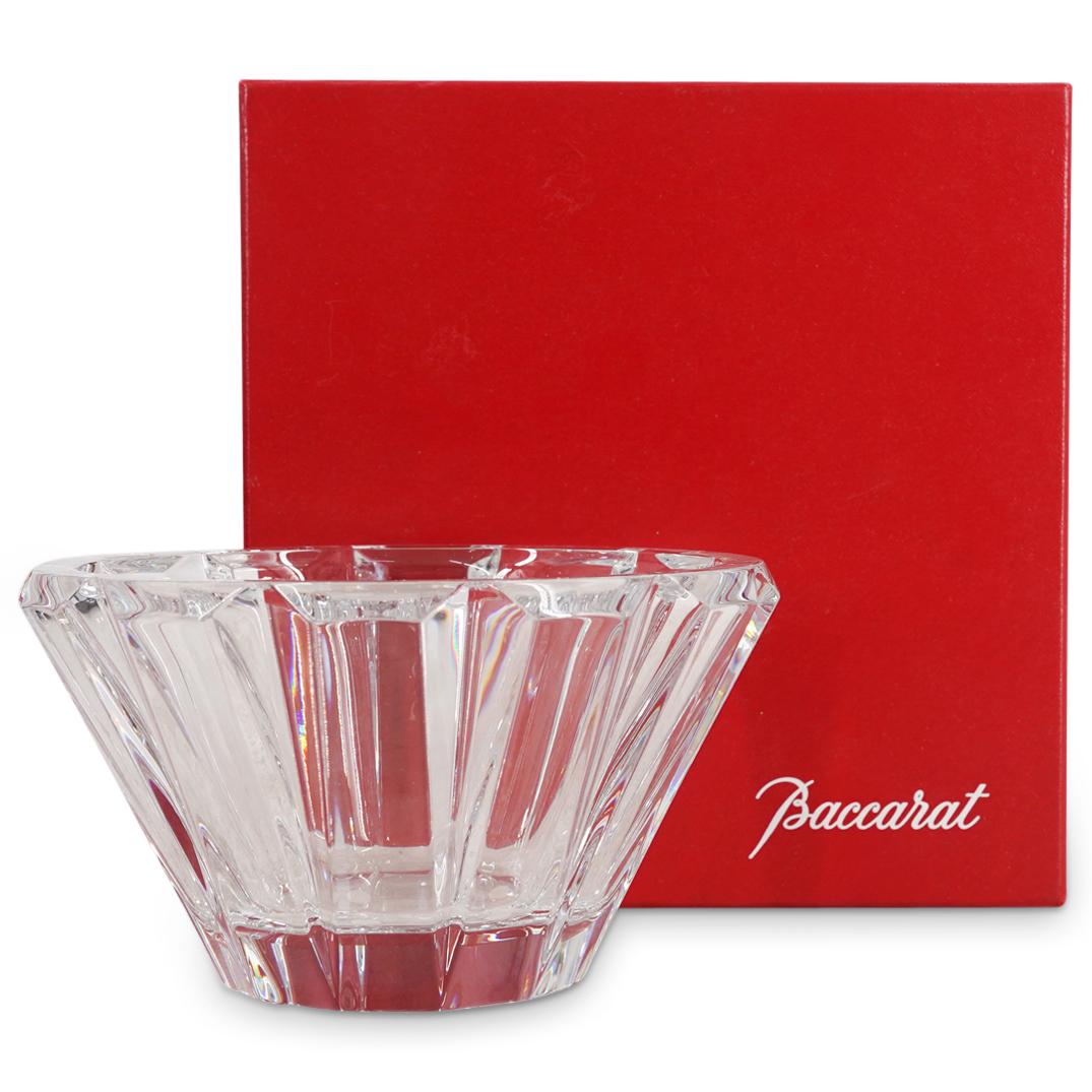 Baccarat Cut Crystal Glass Bowl: DESCRIPTION: Baccarat crystal glass bowl featuring cut geometric facets on the side and a smooth inside. Marked on underside with Baccarat hallmark. Includes box and paperwork CIRCA: 20th Century ORIG