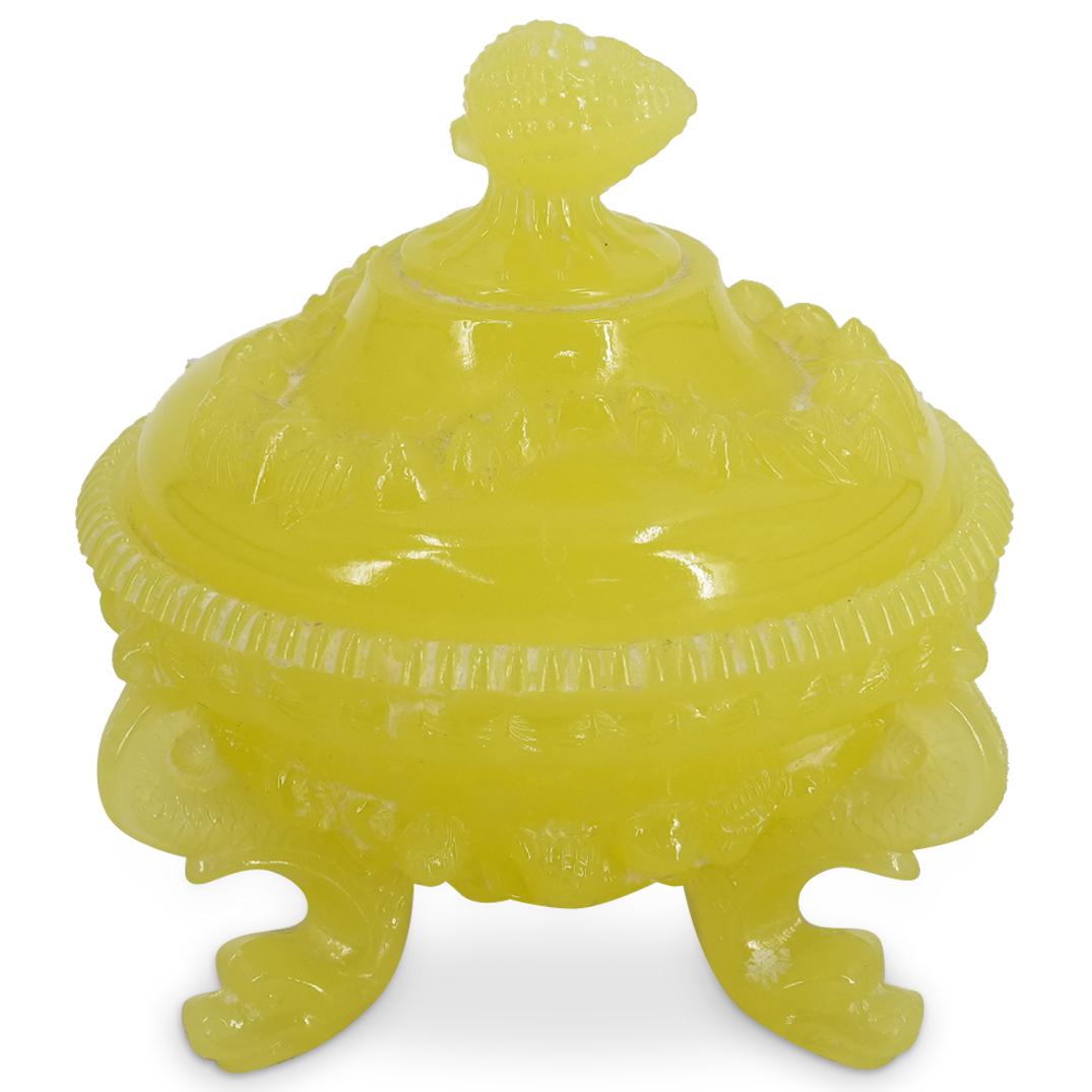 Italian Vaseline Glass Lidded Bowl: DESCRIPTION: Vaseline glass bowl featuring a lid decorated with seashell designs in relief and crowned with a conch finial. Piece is embellished around the body with seashells in relief and finished w
