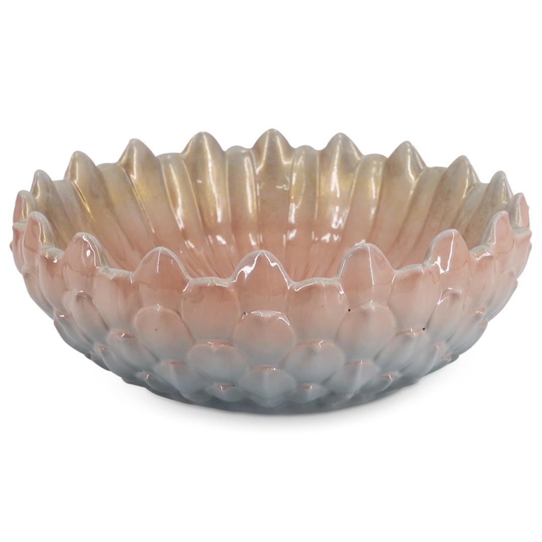 Italian Mangani Oggetti Lotus Centerpiece Porcelain Bowl: DESCRIPTION: Oggetti centerpiece bowl for Mangani featuring an overall lotus design with gold flake throughout. Marked on underside with stickers for Oggetti and Mangani and with Mangani hallmark. CIR