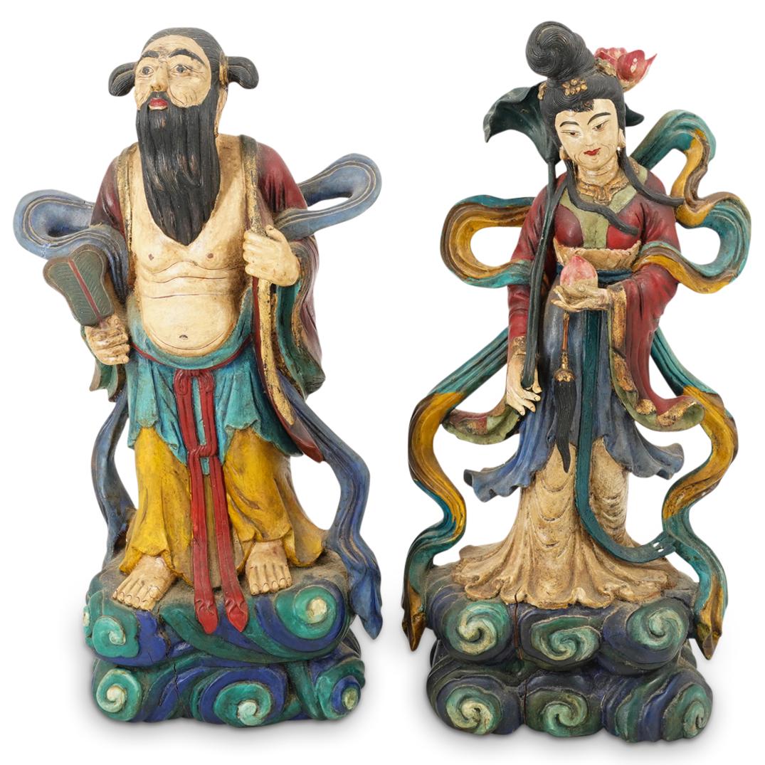 (2Pc) Antique Chinese Figural Carved Wood Lacquered Sculptures (1 of 8)