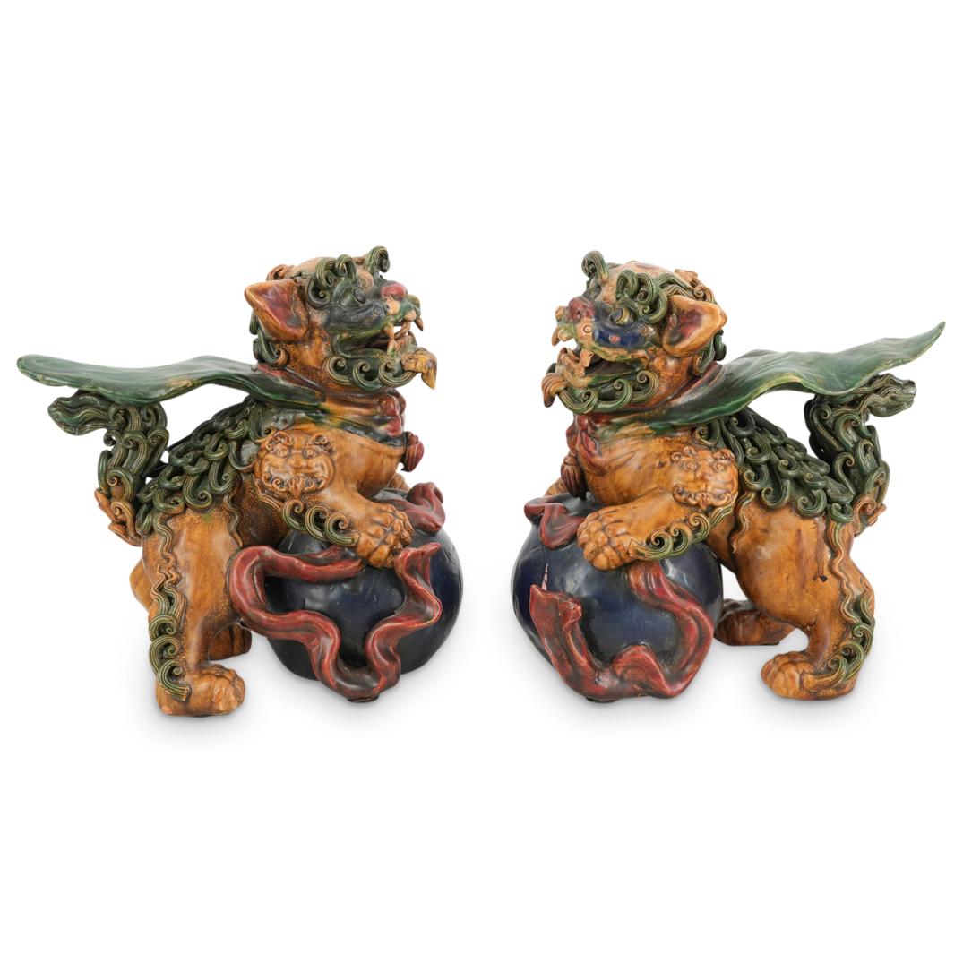 (2 Pc) Chinese Enamel Ceramic Foo Dog Lions (1 of 8)