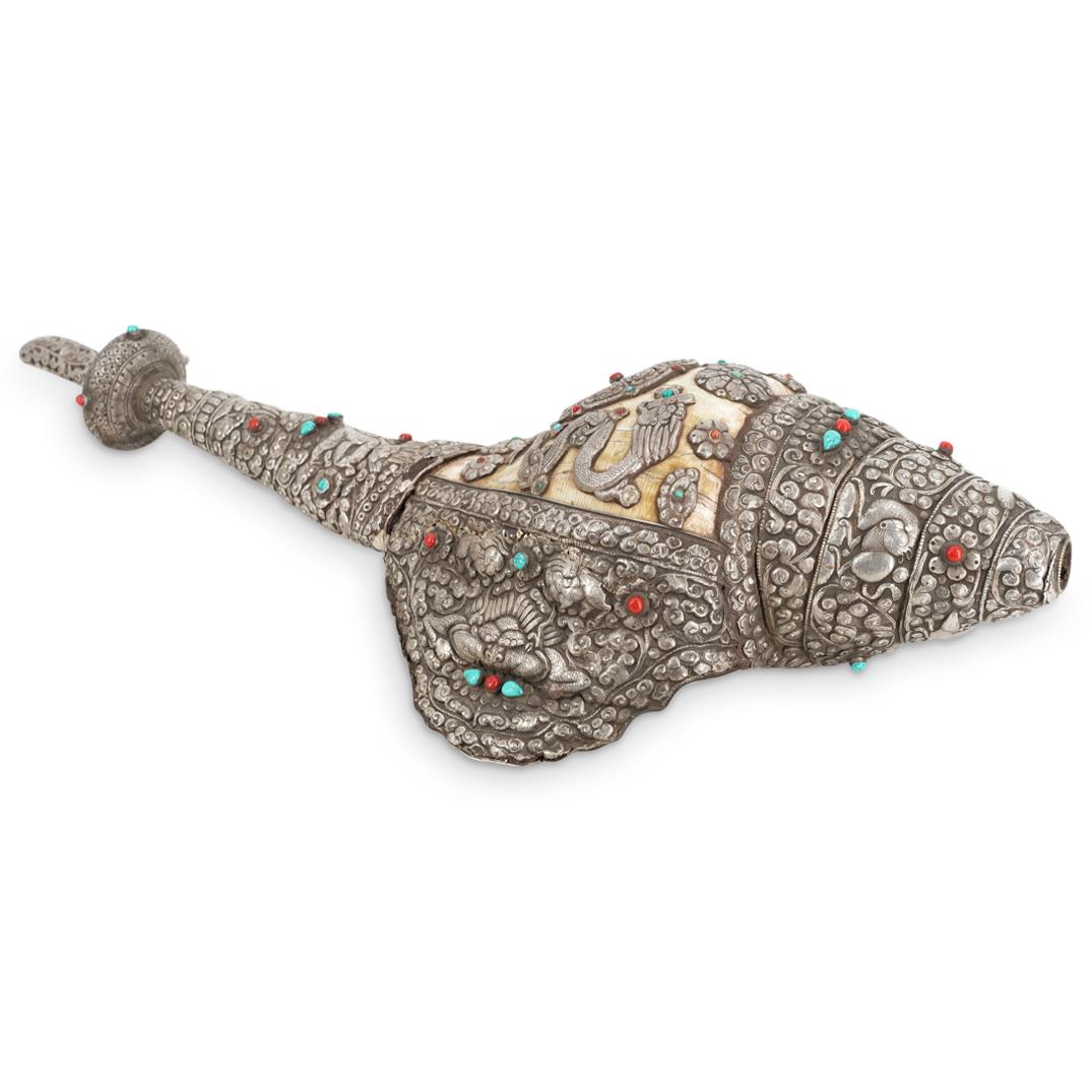 Tibetan Inlaid Silver Temple Conch Shell Horn (1 of 8)