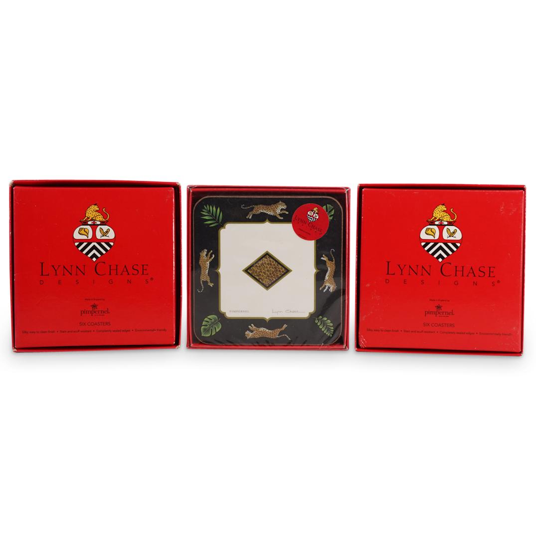 (18 Pc) Lynn Chase Coasters In Original Boxes: DESCRIPTION: Three boxes of Lynn Chase coasters featuring motifs matching the Jaguar Jungle series. Two sets are opened, one remains in original wrapping. CIRCA: 20th Century ORIGIN: USA DIMENSIONS: H