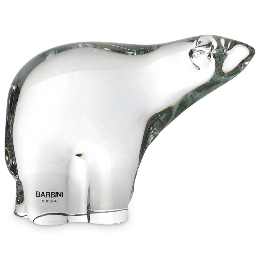 Murano Barbini Glass Bear Sculpture: DESCRIPTION: Murano glass sculpture by Barbini depicting a polar bear. Piece is marked on underside "Barbini Murano"; sicker on right hind foot: "BARBINI murano". CIRCA: 20th Century ORIGIN: Italy DIM