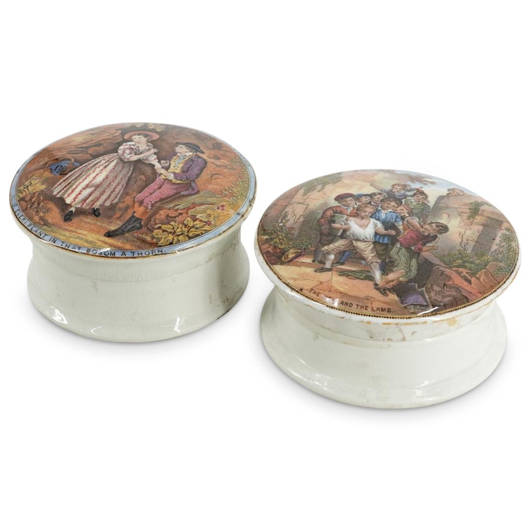 (2 Pc) English Victorian Prattware Porcelain Lidded Boxes (1 of 8)