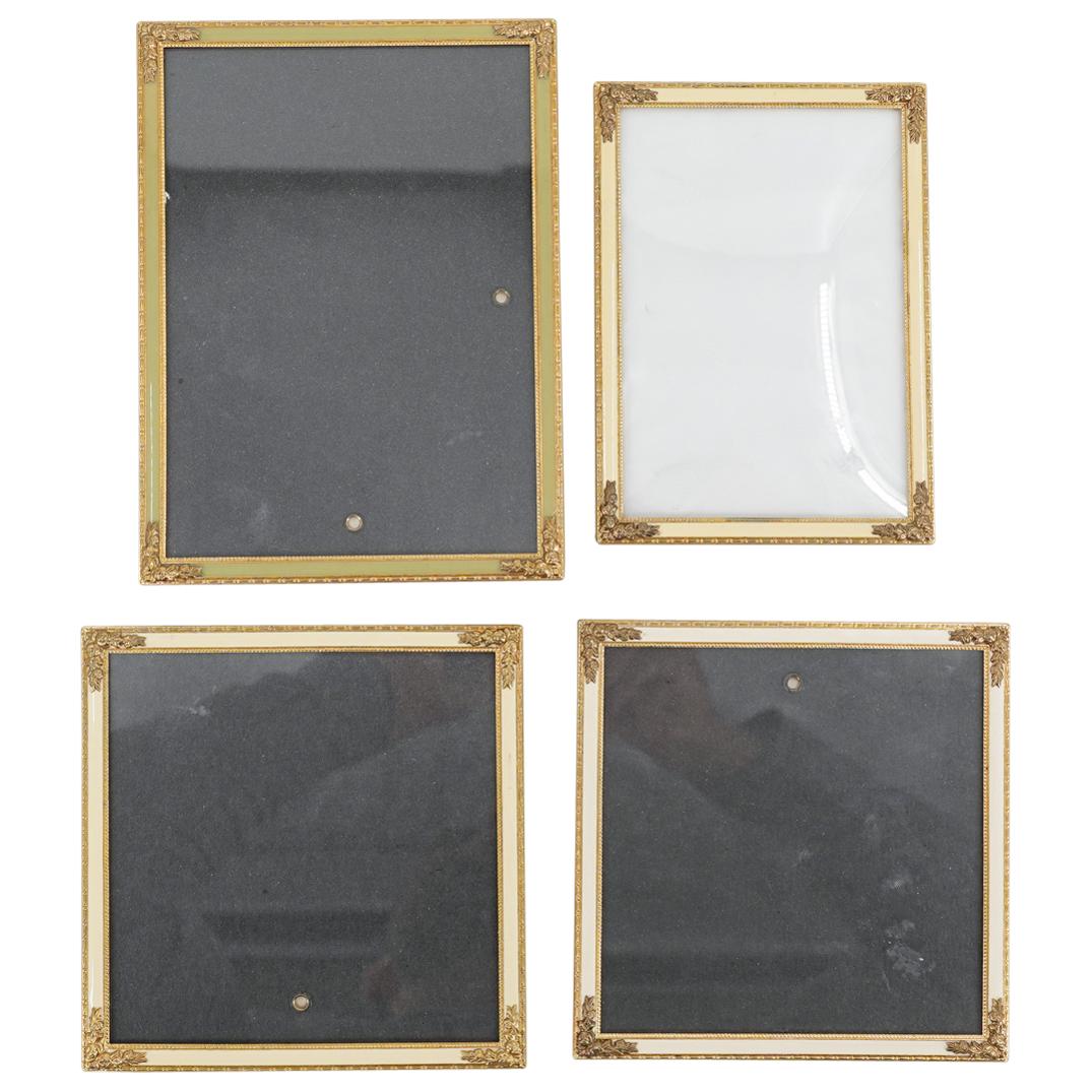 (4Pc) Antique French Gilt bronze & Enamel Picture Frames: DESCRIPTION: (4Pc) Brass photo frame grouping with beige and green enamel in square and rectangular forms. CIRCA: 20th Century ORIGIN: France DIMENSIONS: (Smallest) H: 5.25" x 5.25" - (Largest) H: 7"
