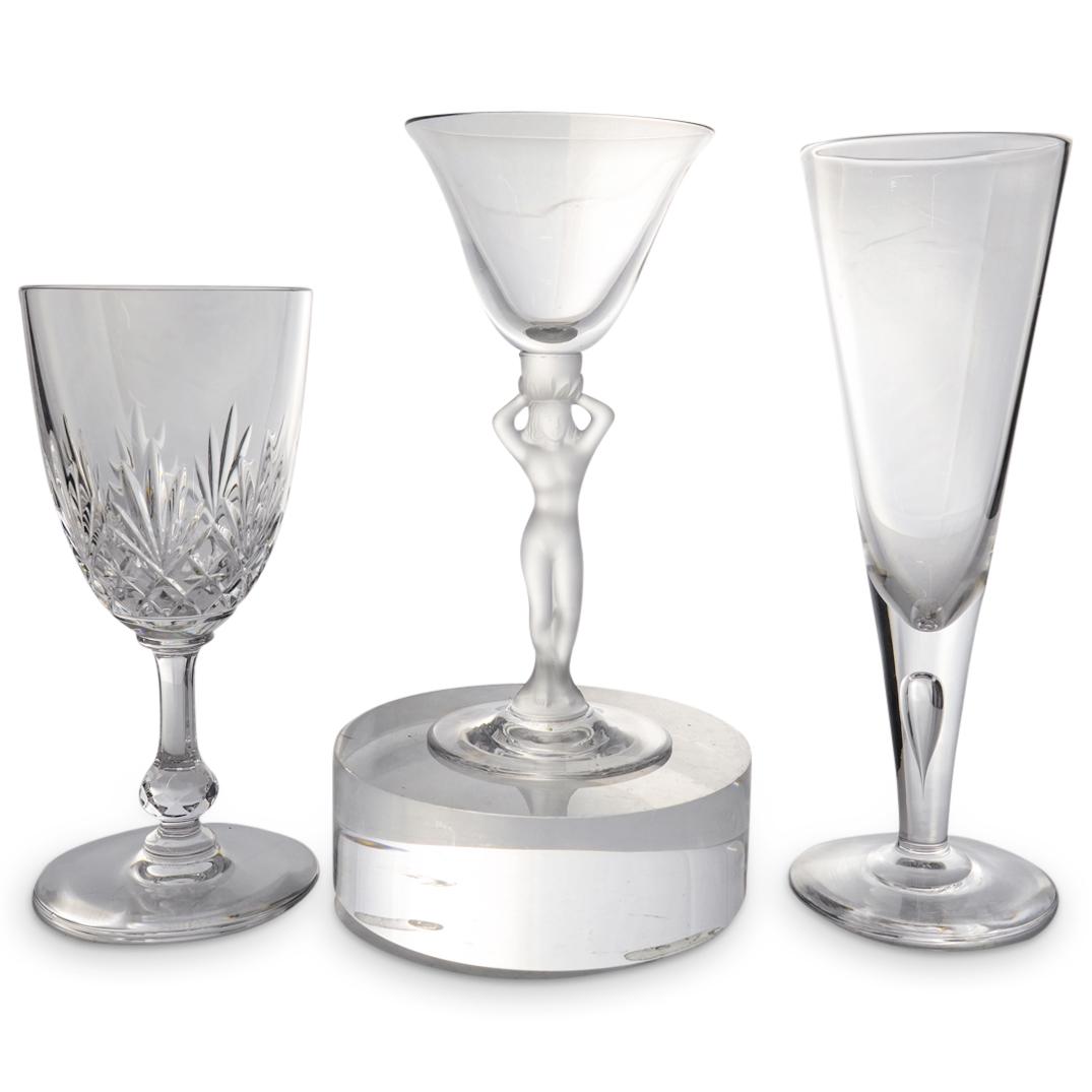 (3Pc) St. Louis Steuben & Lalique Style Crystal Stemware: DESCRIPTION: (3Pc) St. Louis, Steuben and Lalique style clear crystal stemware. Includes: (1) St. Louis cut continental goblet in their design titled "Massenet Clear". Etched hallmark at the underside