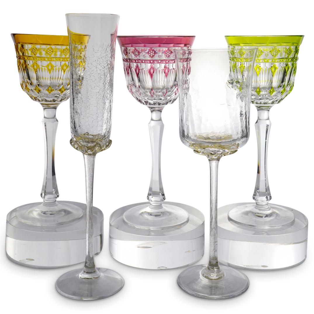 (5Pc) Venetian Glass & Varga Crystal Stemware: DESCRIPTION: (5Pc) Venetian glass stemware with crackled design around the body and pulled leaves containing gold fleck surmounting the stem and Varga cut to clear crystal wine goblets. Includes: (1) 