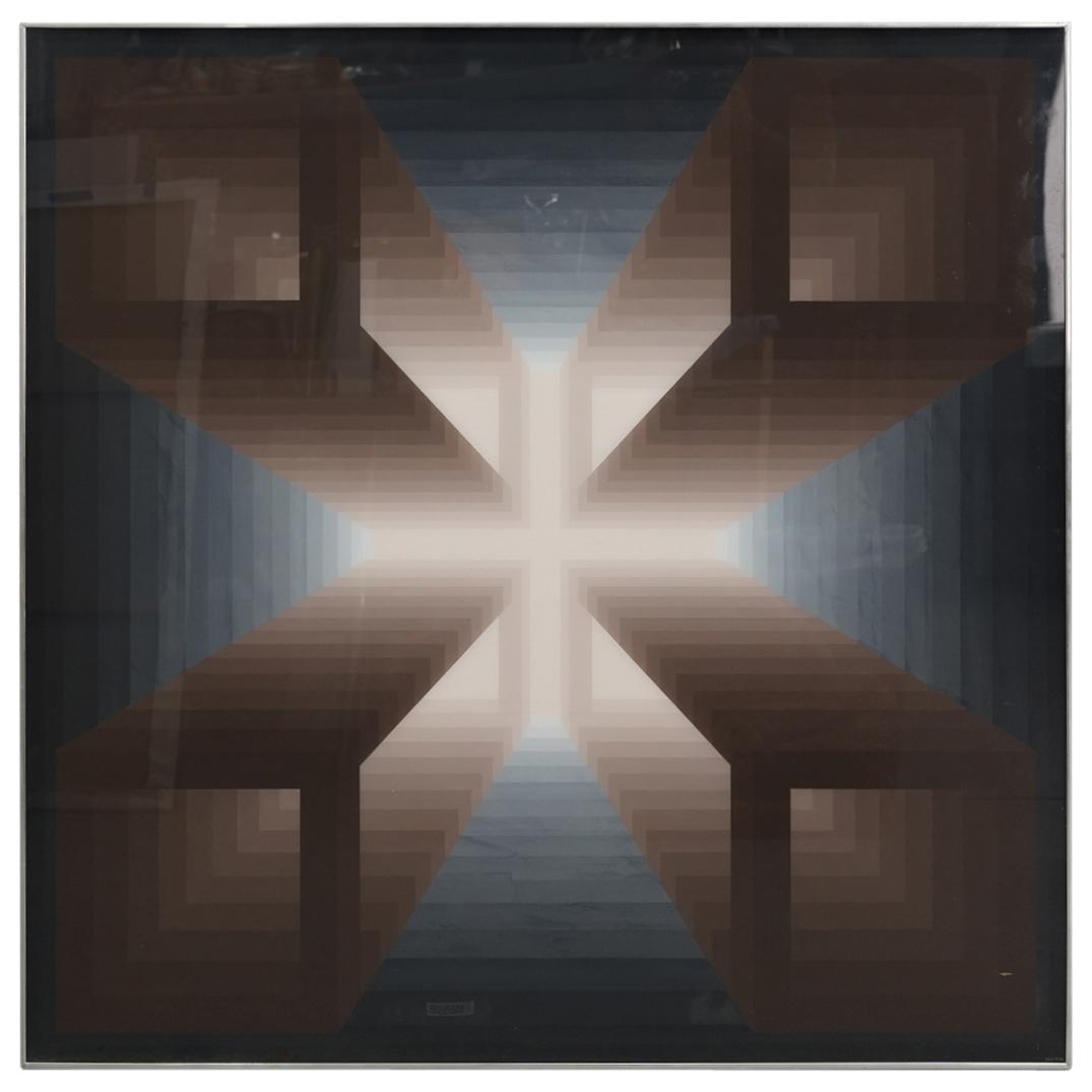 Russell R. Dunbar "Cygnus X1" Acrylic Polymer Optical Painting: DESCRIPTION: Russell R. Dunbar acrylic polymer painting featuring a geometric optical form, signed: "Dunbar" lower right corner, mounted in a steel frame. Label at verso from: "The Society of the Four