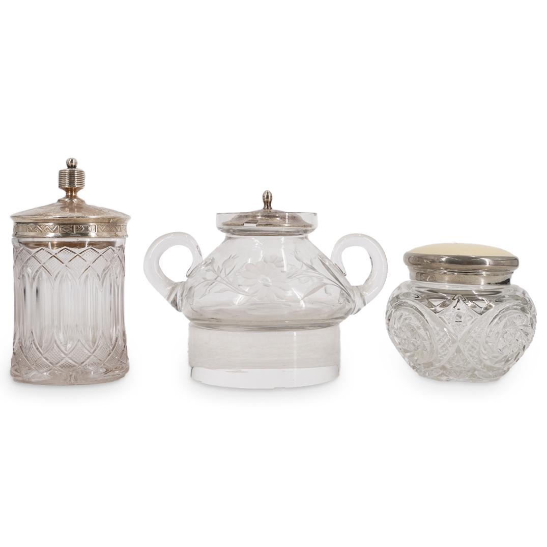(3 Pc) Silver Lidded Cut Glass Jars (1 of 8)