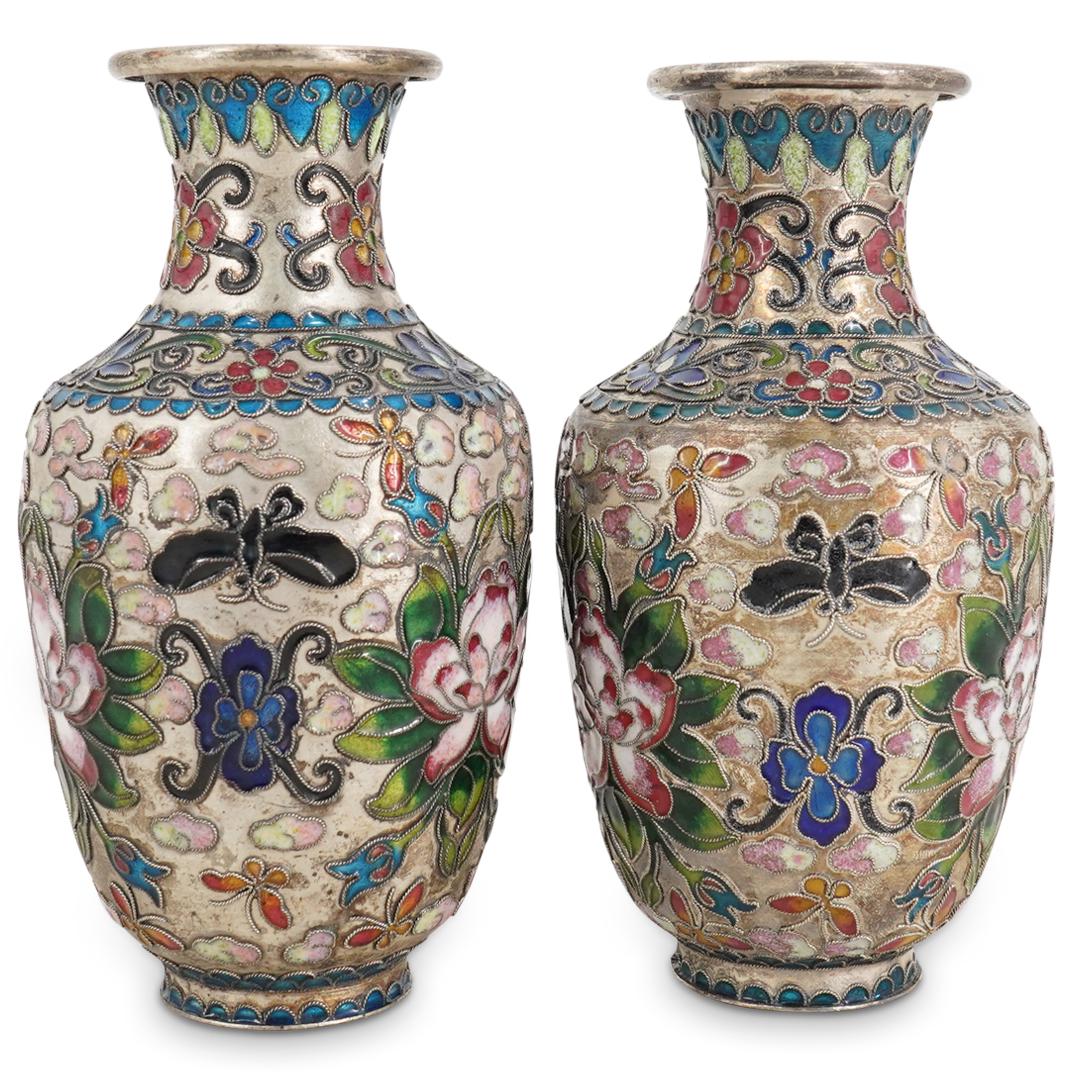 (2 Pc) Chinese Silver Cloisonne Enamel Vases (1 of 6)