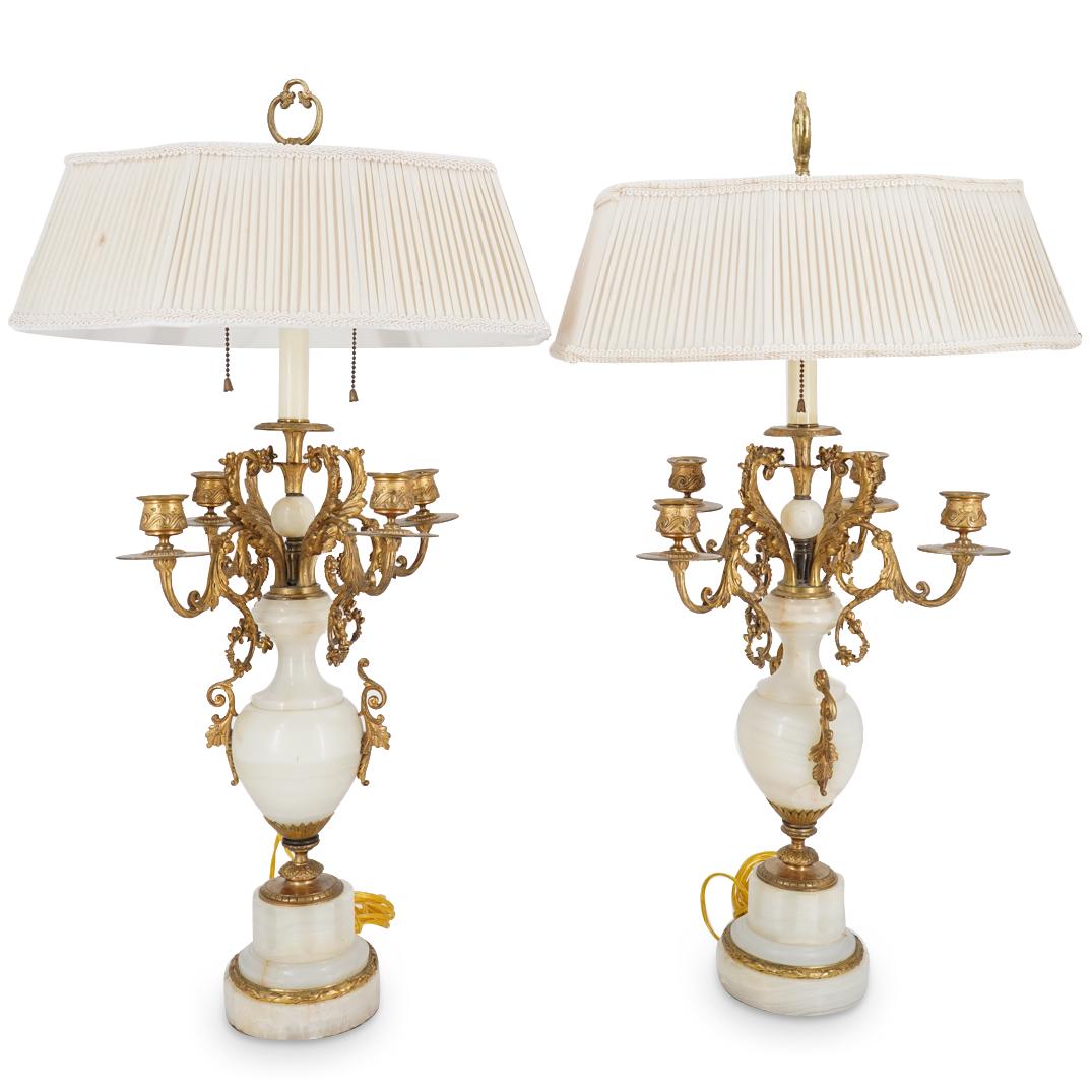 (2 Pc) Antique Onyx & Gilt Bronze Candelabra Lamps (1 of 5)