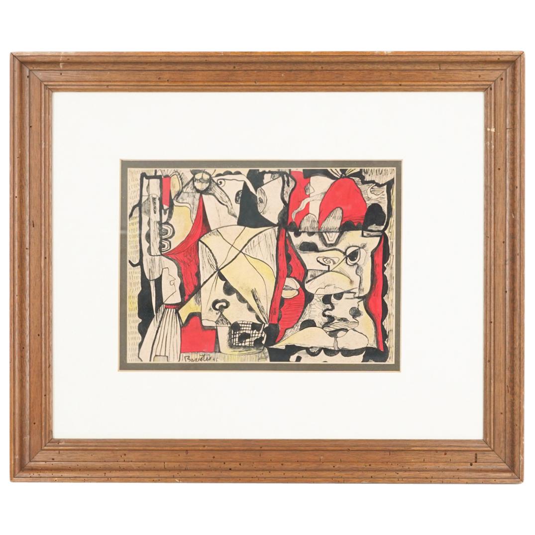 Attributed. William Baziotes Mixed Media Painting: DESCRIPTION: A Mixed Media painting attributed to William Baziotes depicts a surrealist scene executed in black, yellow and red hues. Signed "Baziotes 45". Completed in a brown wood frame. CIRCA: Mid