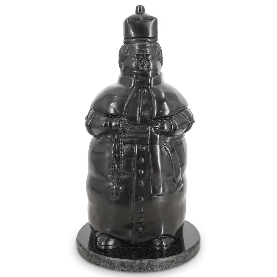 After Fernando Botero "Bishop" Bronze Sculpture: DESCRIPTION: After Fernando Botero "Bishop" bronze sculpture, depicting a standing bishop figure holding a rosary with his right hand, and atop a circular marble base. CIRCA: 20th Century DIMENSIONS: