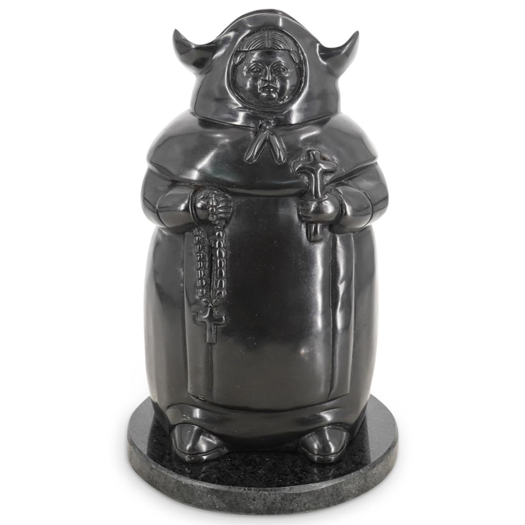 After Fernando Botero "Sister" Bronze Sculpture: DESCRIPTION: After Fernando Botero "Sister" bronze sculpture, depicting a standing bishop figure holding a rosary with his right hand, and atop a circular marble base. CIRCA: 20th Century DIMENSIONS: