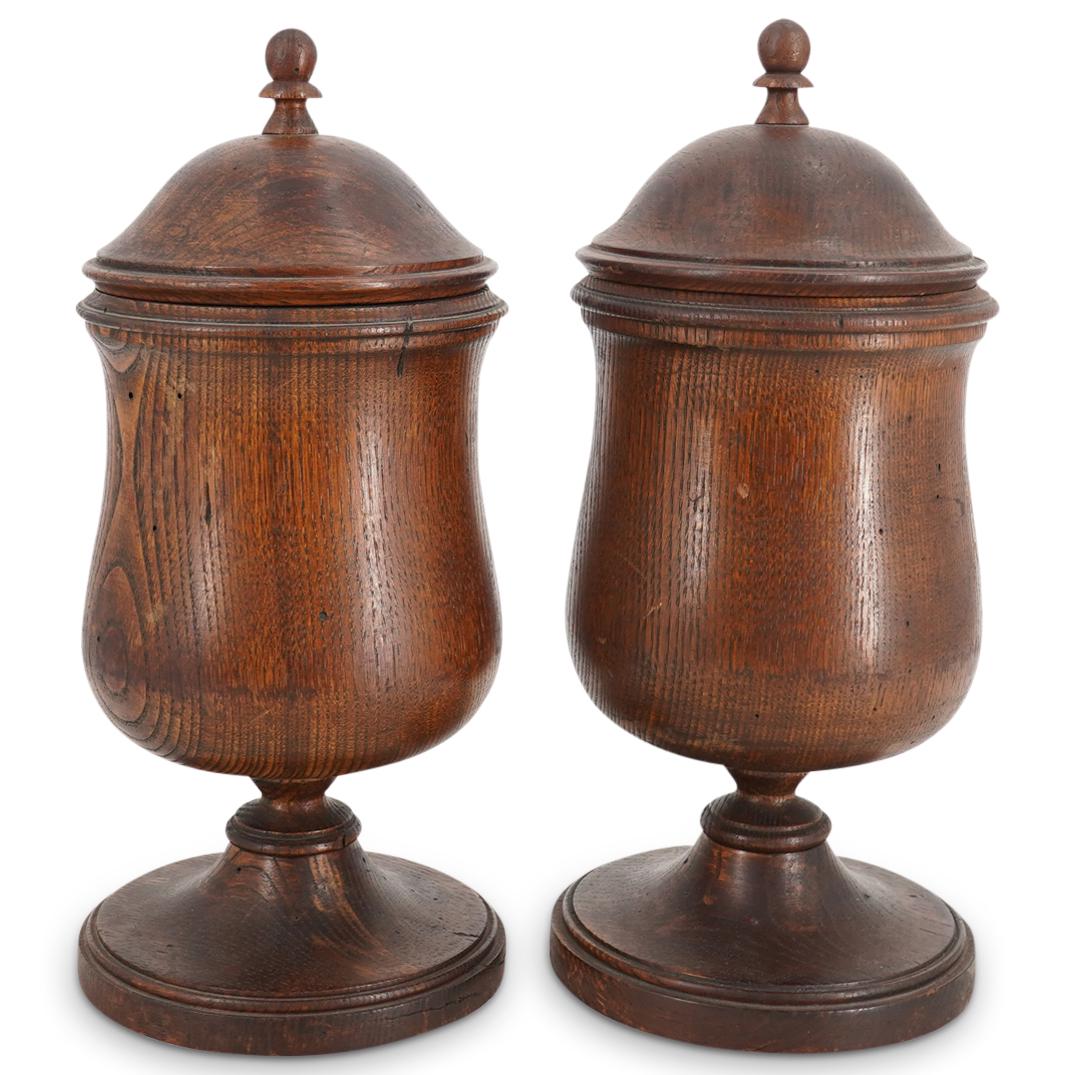 (2Pc) Pair of Antique Neoclassical Turned Wood Urns (1 of 6)