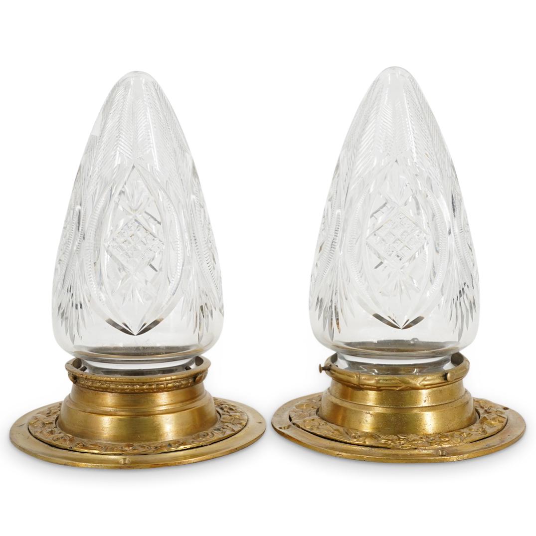 (2 Pc) French Gilt Bronze & Glass Flush Mount Ceiling Lamps (1 of 7)