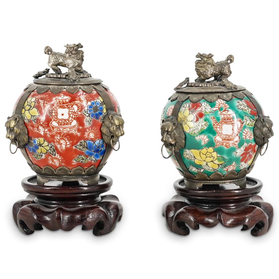 (2 Pc) Chinese Silvered Porcelain Small Potpourri Vases (1 of 8)