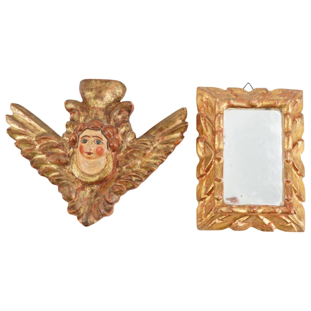 (2Pc) Carved Gilt & Lacquered Wood Mirror & Angel Plaque (1 of 5)