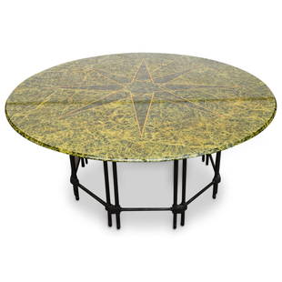 Unique Painted Octagonal Glass, Architectural Iron Table: DESCRIPTION: A unique painted glass and iron table. Features an octagonal form with architectural design, composed of an patinated iron foundation and completed with an eight pointed star and neon