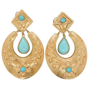 Pair of 22k Gold and Turquoise Drop Earrings: DESCRIPTION: A pair of 22k yellow gold earrings comprised of three parts featuring repousse floral vine motifs with Turquoise cabochon insets, at the the center is a suspended Turquoise pendant.