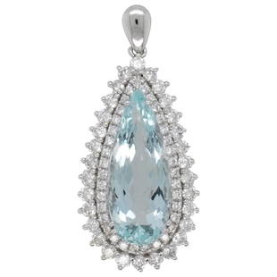 18k Gold, Diamond and Aquamarine Pendant: DESCRIPTION: An 18k white gold pendant decorated with approx. 1.5cts of round cut Diamonds encompassing a pear cut 4ct Aquamarine. Stamped along the bale "750". Total Weight: 2.8dwt CIRCA: 21st Cent.