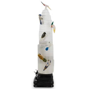 Semi Precious Stone and Selenite Figural Bird Group: DESCRIPTION: A Semi Precious stone figural bird group comprised of a Selenite pyramid base, affixed with several semi precious stones inserted along the sides of the base. Includes luminaire. CIRCA: 2