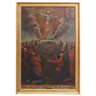 18th Century Cuzco School Ascension of Christ Oil On Canvas: DESCRIPTION: Antique oil on canvas by an artist from the Cuzco school depicting the ascension of Christ. Image is populated by the eleven apostles, two other disciples, and Mary, and an image of the T