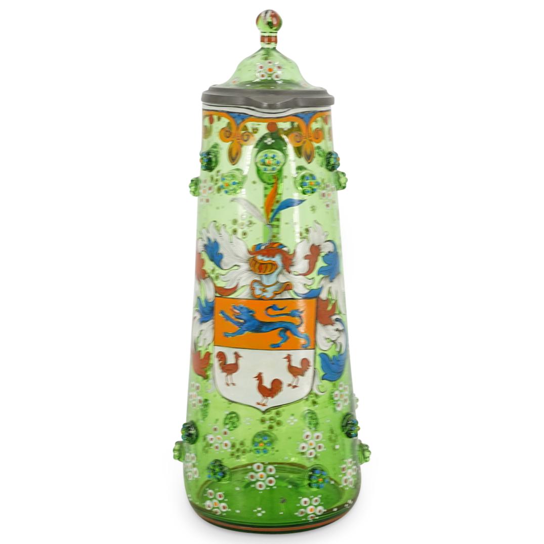 Anton Ambros Egermann Enameled Green Glass Lidded Stein (1 of 7)
