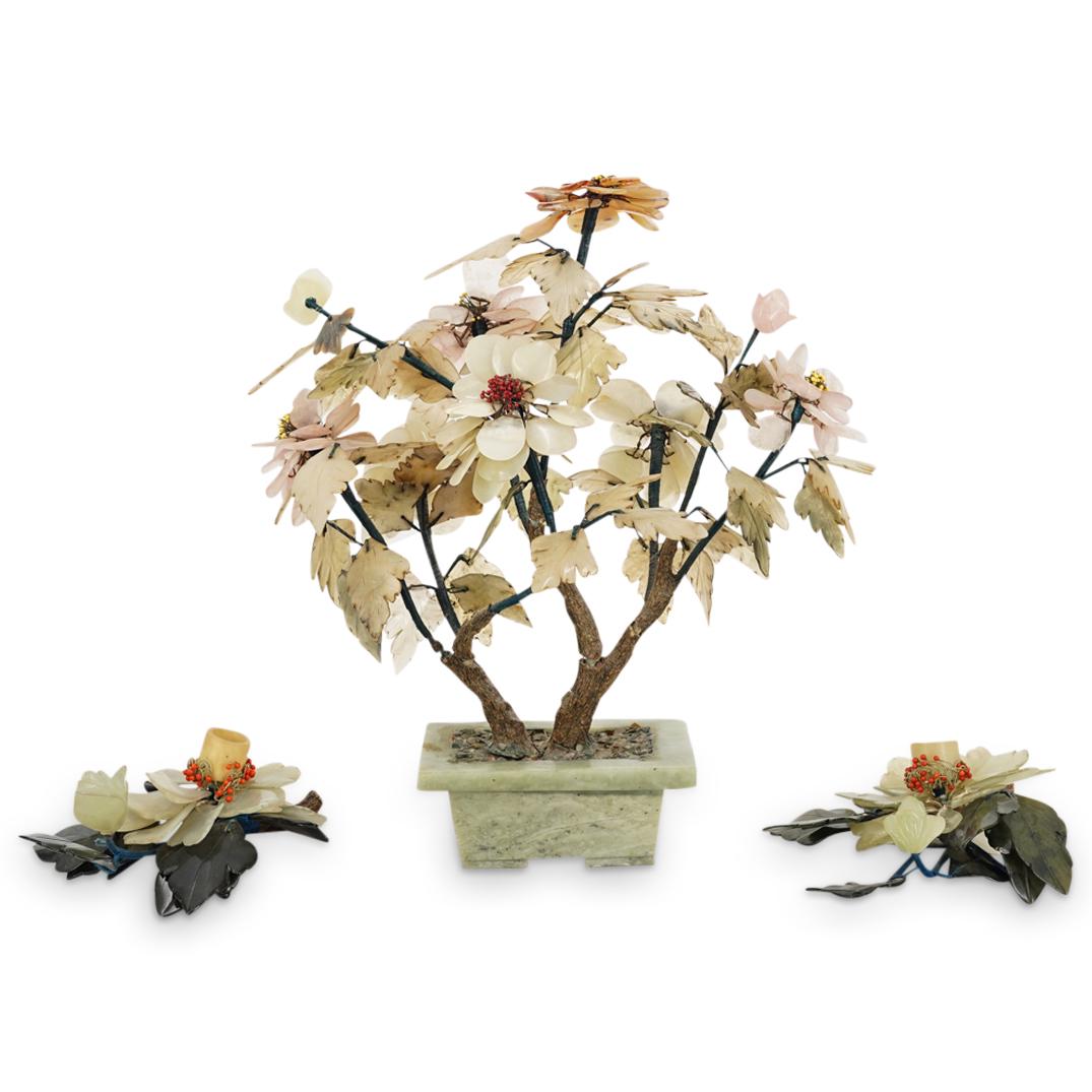 (3 Pc) Chinese Semi-Precious Stone Tree & Candle Holders (1 of 9)