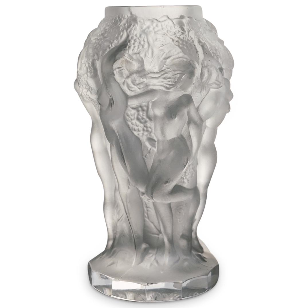 Desna Czech Republic Bohemian Art Glass Vase: DESCRIPTION: A Desna Czech Republic Bohemian art glass vase, in clear and frosted glass, with a Bacchantes nude figural motif in relief. Marked "Desna Czech Republic Made in Bohemia". CIRCA: 20th Cent