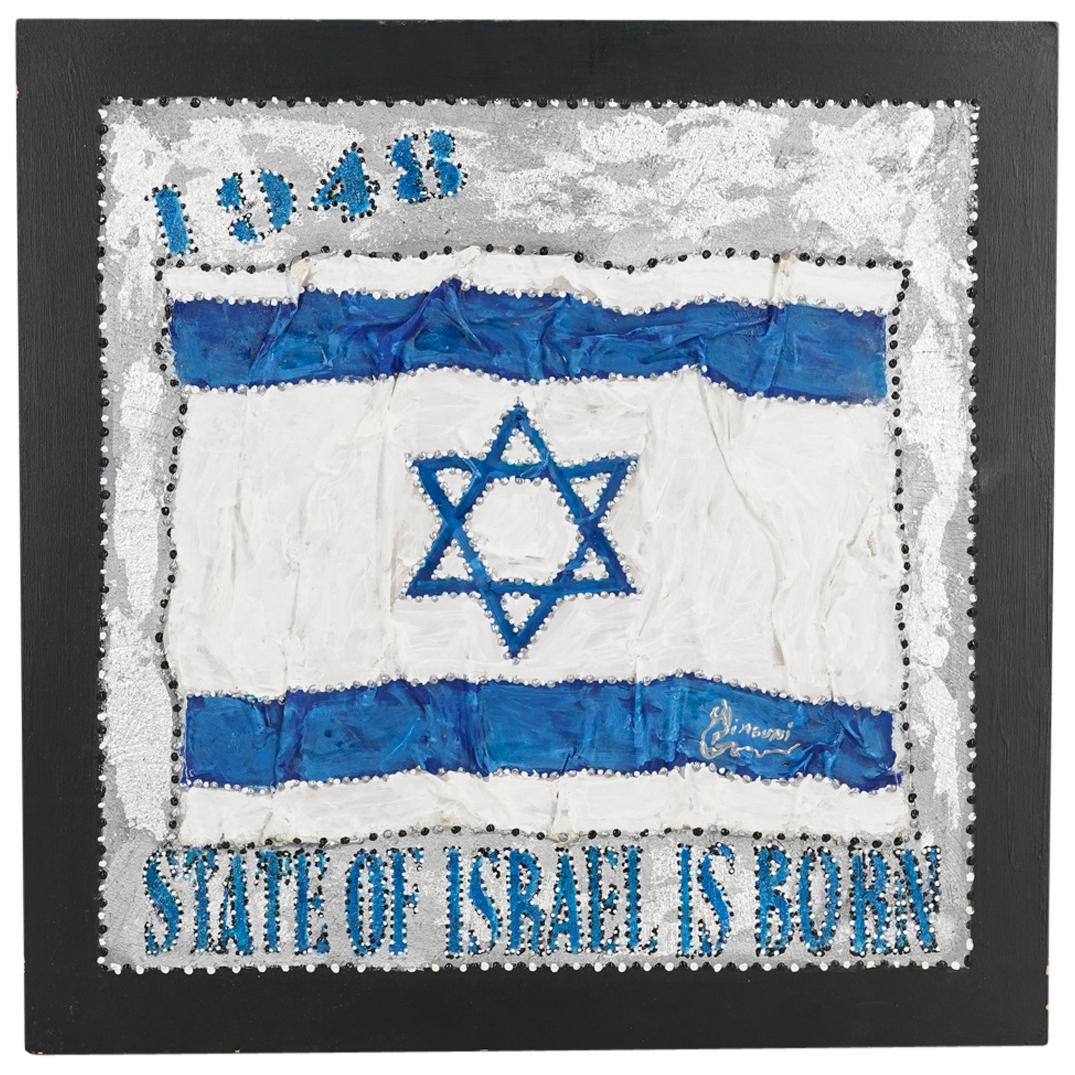 Alain Mimouni (B. 1967) Israeli Flag Mixed Media: DESCRIPTION: Mixed media on board by Alain Mimouni depicting the Israeli flag between "1948" and "STATE OF ISRAEL IS BORN". Signed on lower stripe of flag and on verso. CIRCA: 20th Century ORIGIN: Fra