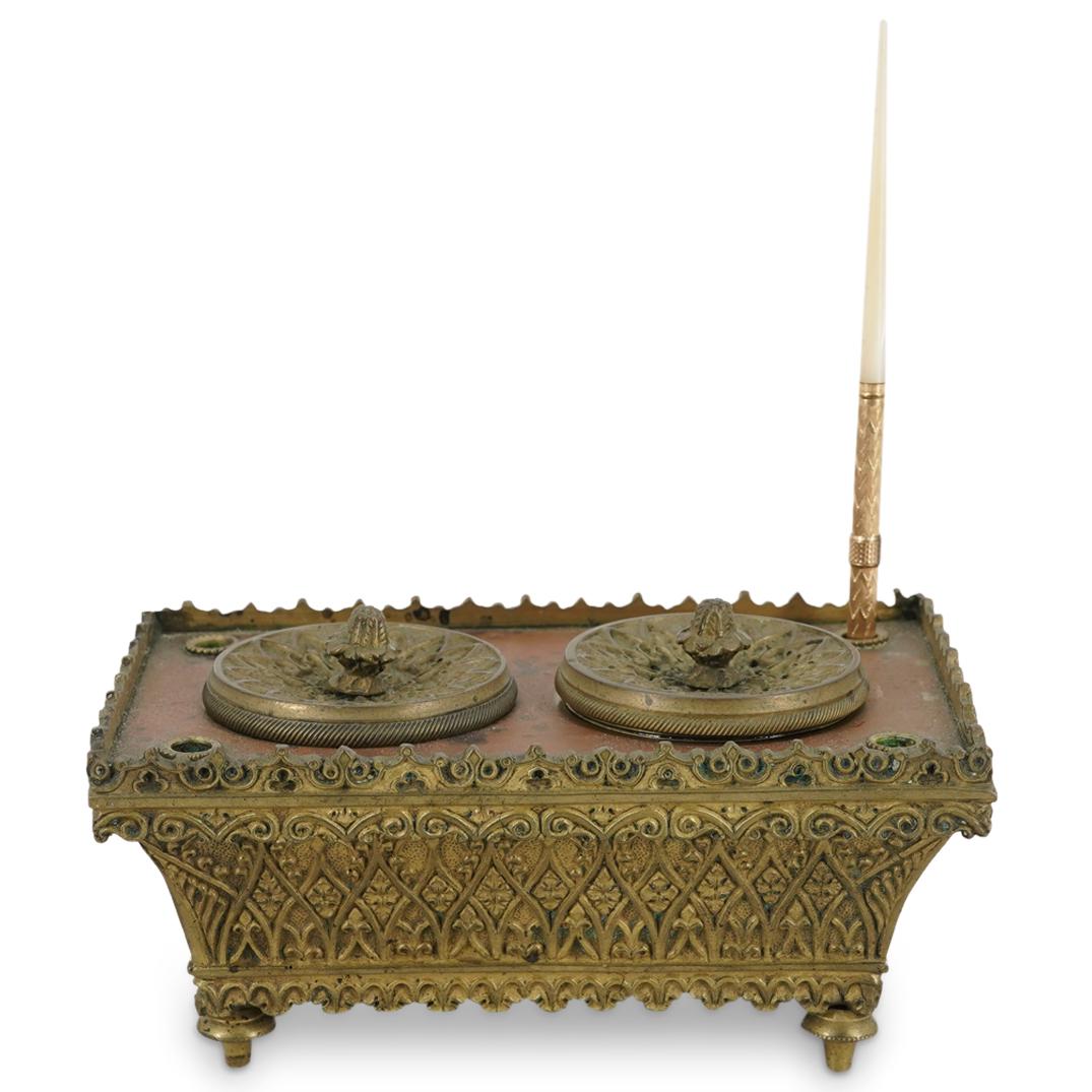 Antique Brass Desk Inkwell & Gold Filled Mother-Of-Pearl Ink Pen (1 of 8)
