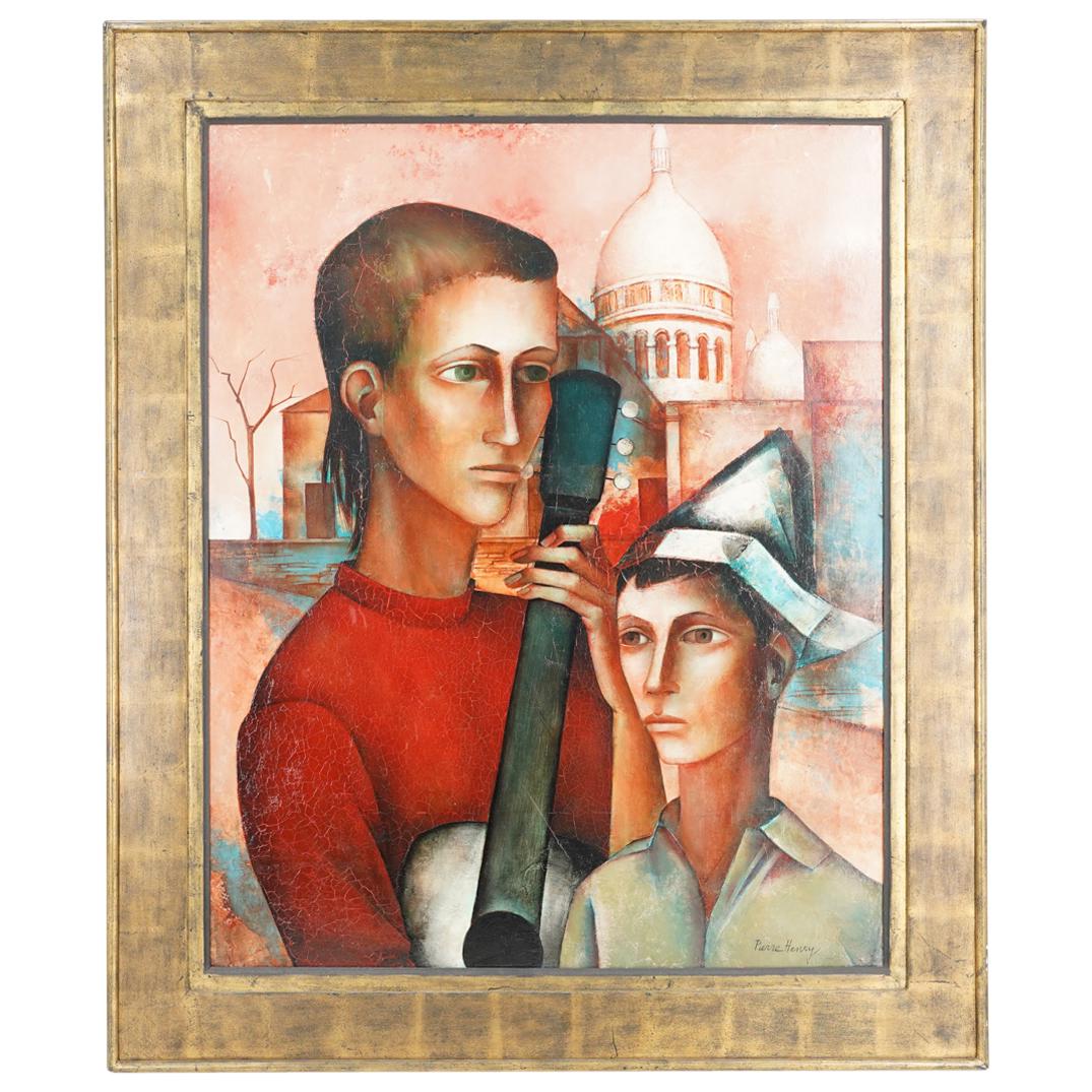Pierre Henry (1924-2015) Oil On Board: DESCRIPTION: Oil on board painting by Pierre Henry depicting two people-a man holding a guitar and a boy with a paper hat-before various architectural buildings in the polychrome background. Signed at