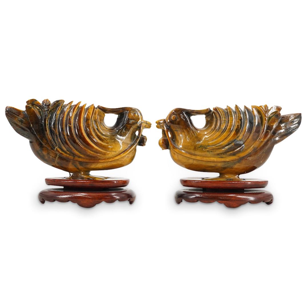 Pair of Chinese Carved Tigers Eye Pheasant Sculptures (1 of 7)