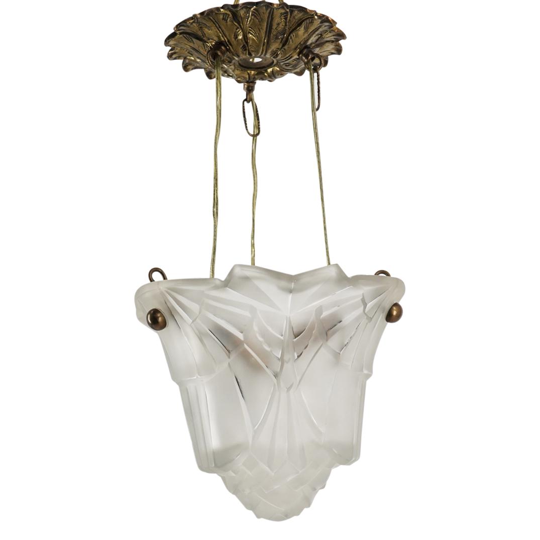 Hugue Art Deco Frosted Glass And Gilt Brass Chandelier (1 of 5)